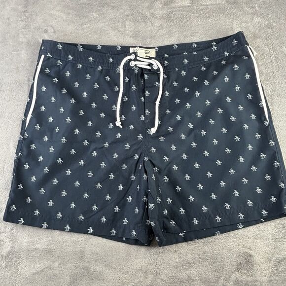 Penguin Swim Trunks Men's 38 Volley 6” Shorts Lined Blue All Over Print‎ Logo - Picture 1 of 16
